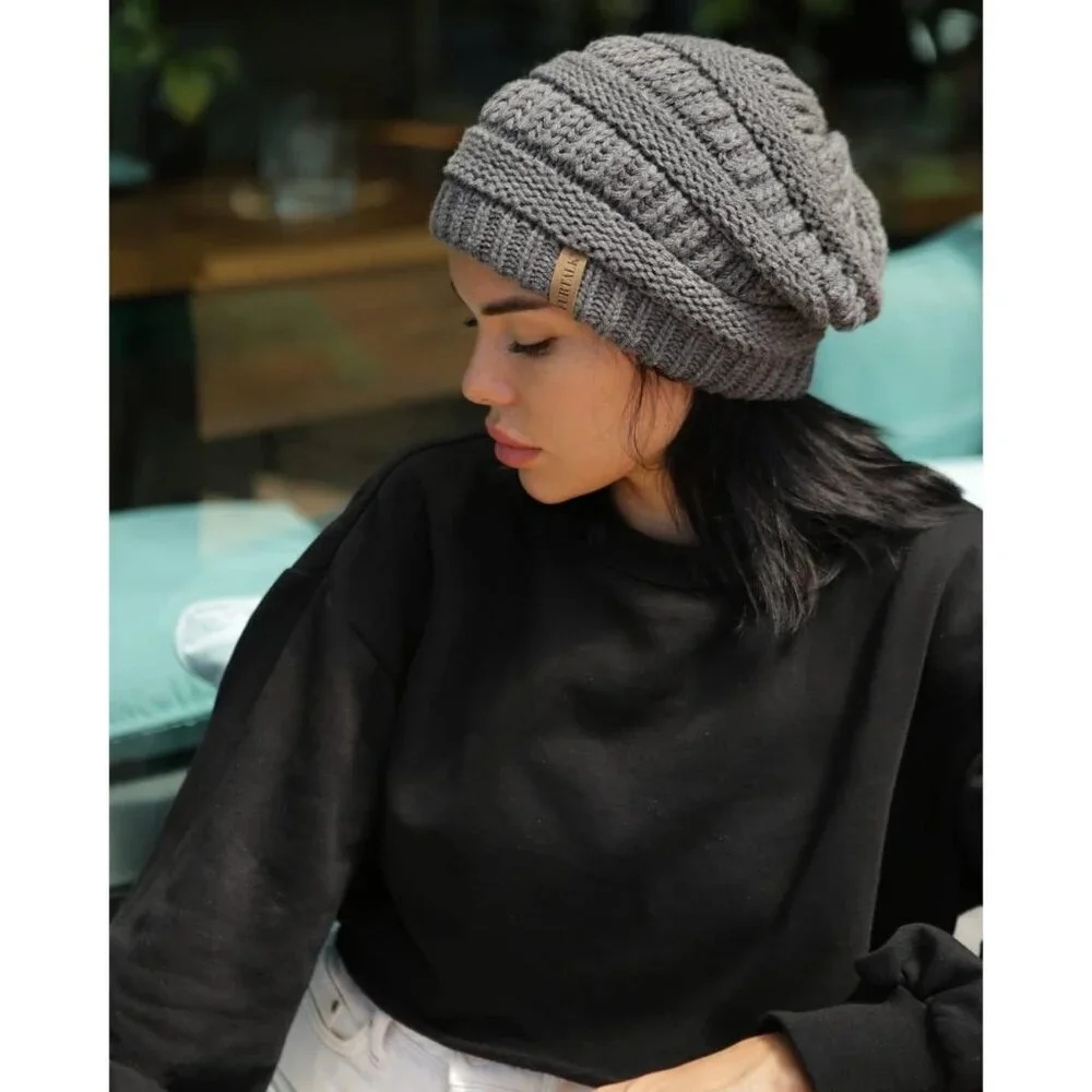 Women's Knitted Beanie Gray Cozy Skull Ski Hats Cap Winter Warm Slouchy Design - Picture 5 of 7